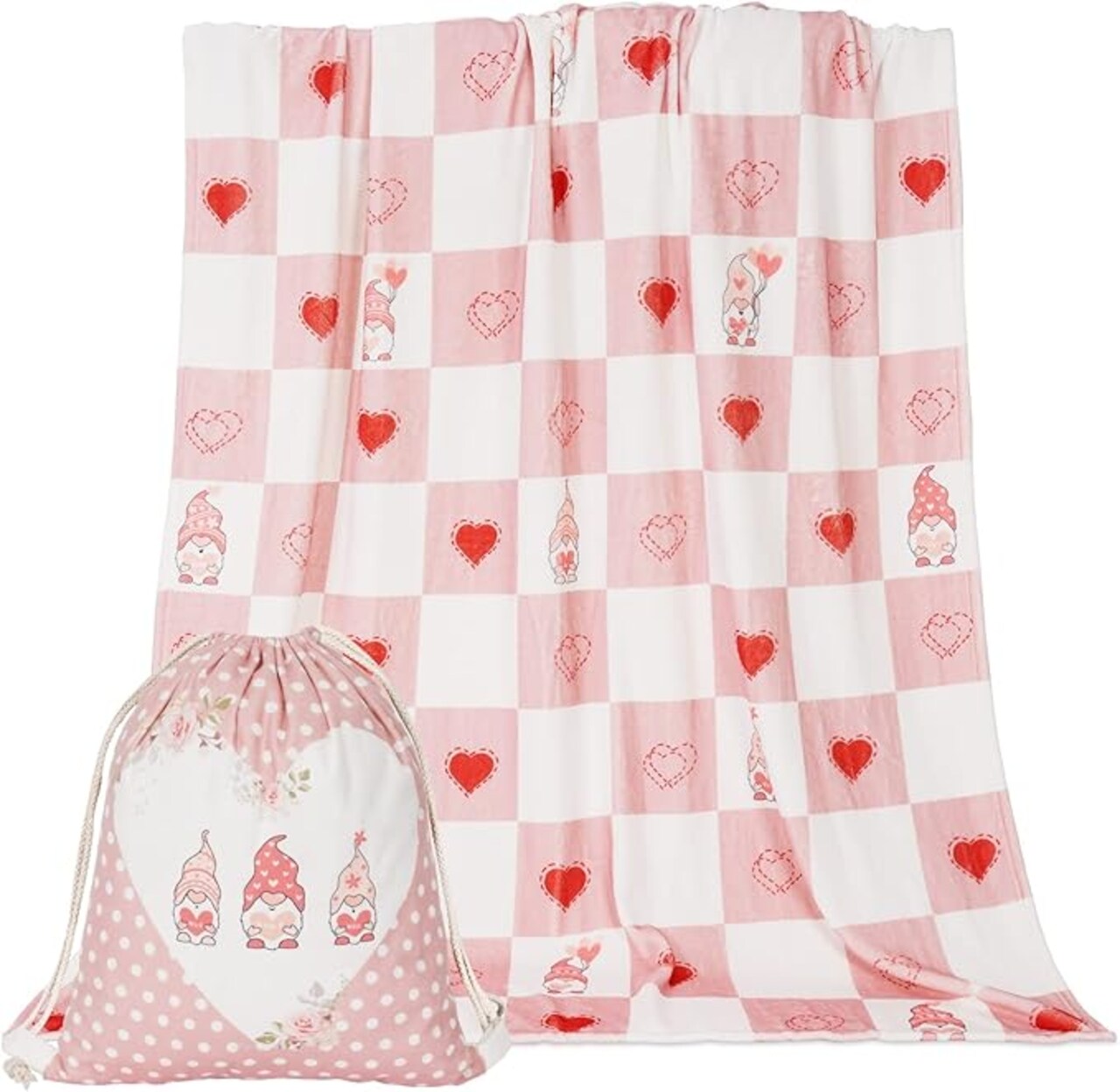 Valentine's Day Throw Blanket with Gift Bag, Red White Check Bed Blanket Romantic Love Soft Warm Blanket Throw, Red Heart Flannel Cozy Blanket for Couch Sofa Bedroom, Valentine's Decor, 50 x 60 inch